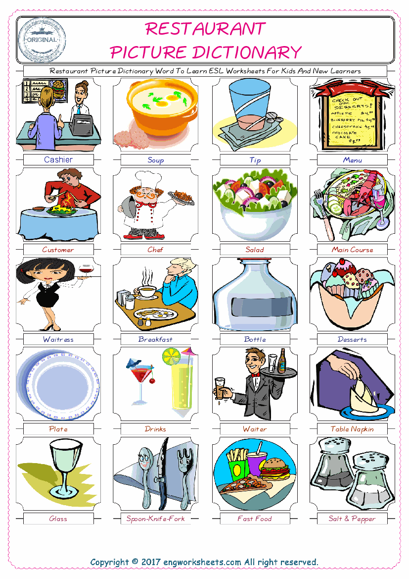  Restaurant English Worksheet for Kids ESL Printable Picture Dictionary 